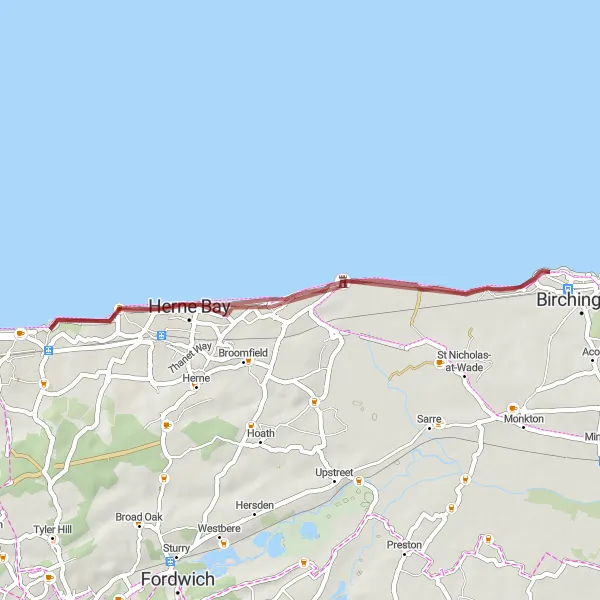 Map miniature of "Herne Bay and Reculver Gravel Loop" cycling inspiration in Kent, United Kingdom. Generated by Tarmacs.app cycling route planner