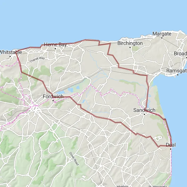 Map miniature of "Exploring the Coastal Gems" cycling inspiration in Kent, United Kingdom. Generated by Tarmacs.app cycling route planner