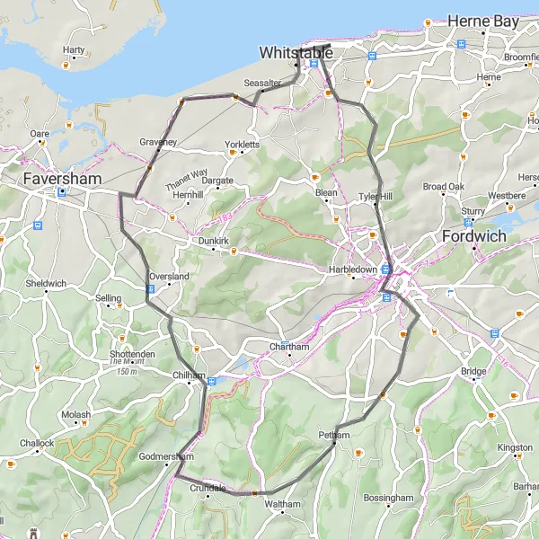 Map miniature of "Canterbury Explorer" cycling inspiration in Kent, United Kingdom. Generated by Tarmacs.app cycling route planner