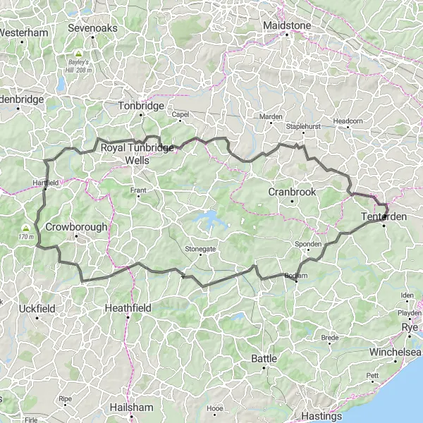 Map miniature of "Castle Explorer" cycling inspiration in Kent, United Kingdom. Generated by Tarmacs.app cycling route planner