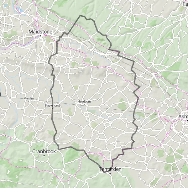 Map miniature of "Tenterden to Lenham Road Cycling Route" cycling inspiration in Kent, United Kingdom. Generated by Tarmacs.app cycling route planner