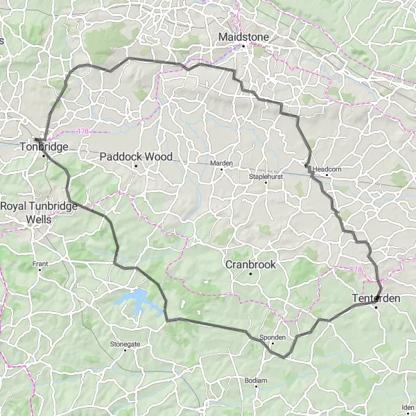 Map miniature of "Tenterden to Tonbridge Road Cycling Route" cycling inspiration in Kent, United Kingdom. Generated by Tarmacs.app cycling route planner