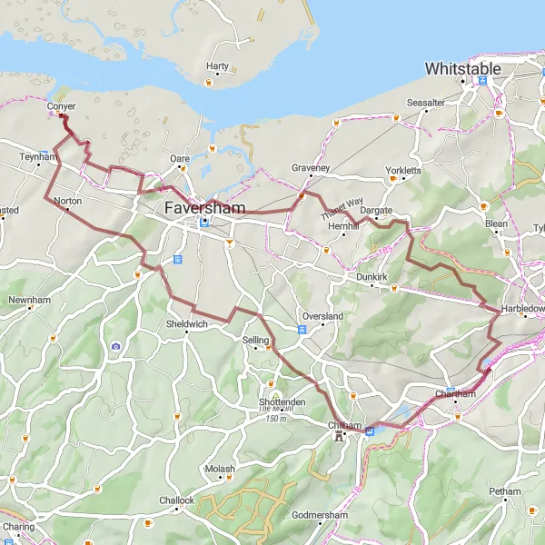 Map miniature of "Faversham Gravel Loop" cycling inspiration in Kent, United Kingdom. Generated by Tarmacs.app cycling route planner