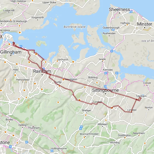Map miniature of "Teynham to Rainham Gravel Adventure" cycling inspiration in Kent, United Kingdom. Generated by Tarmacs.app cycling route planner