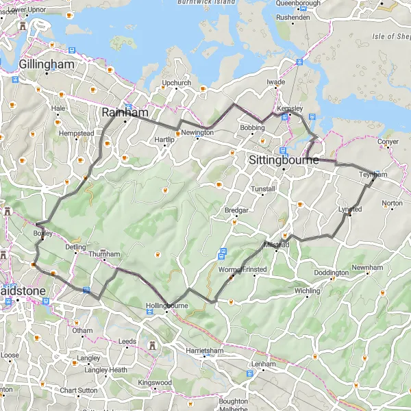 Map miniature of "Wormshill Road Loop" cycling inspiration in Kent, United Kingdom. Generated by Tarmacs.app cycling route planner