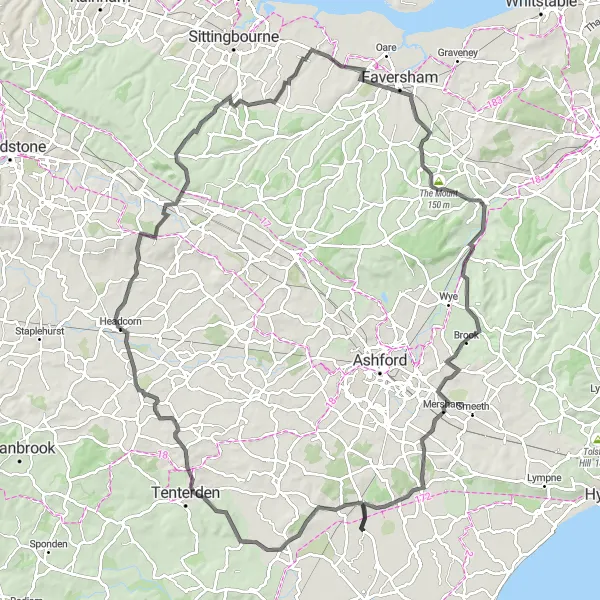 Map miniature of "Teynham to Wormshill Loop" cycling inspiration in Kent, United Kingdom. Generated by Tarmacs.app cycling route planner
