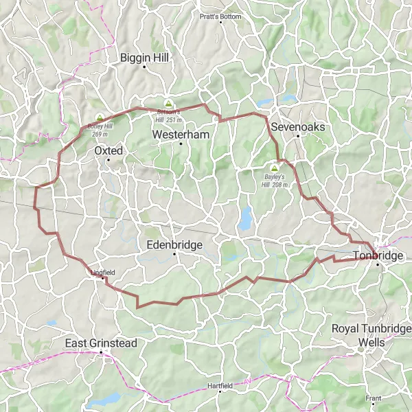 Map miniature of "Tonbridge Castle Loop via Botley Hill" cycling inspiration in Kent, United Kingdom. Generated by Tarmacs.app cycling route planner