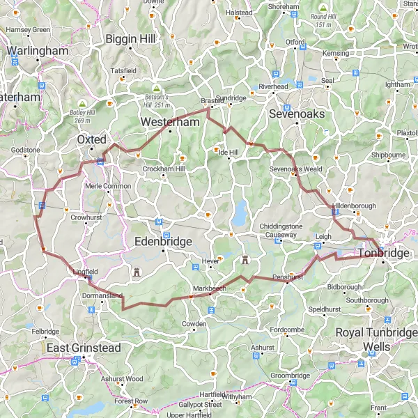 Map miniature of "Tonbridge Castle Adventure Loop" cycling inspiration in Kent, United Kingdom. Generated by Tarmacs.app cycling route planner