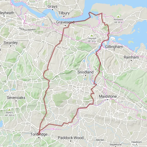 Map miniature of "Ultimate Kent Gravel Adventure" cycling inspiration in Kent, United Kingdom. Generated by Tarmacs.app cycling route planner