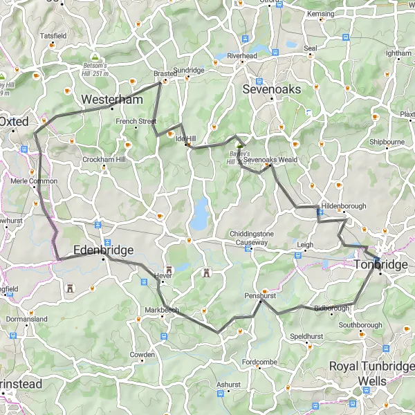 Map miniature of "Tonbridge to Edenbridge and Brasted Road Cycling Route" cycling inspiration in Kent, United Kingdom. Generated by Tarmacs.app cycling route planner