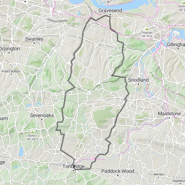 Map miniature of "Tonbridge to Fawkham Green and Tudeley Road Cycling Route" cycling inspiration in Kent, United Kingdom. Generated by Tarmacs.app cycling route planner