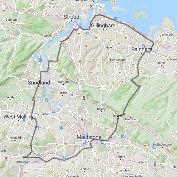 Map miniature of "Wateringbury to Teston" cycling inspiration in Kent, United Kingdom. Generated by Tarmacs.app cycling route planner