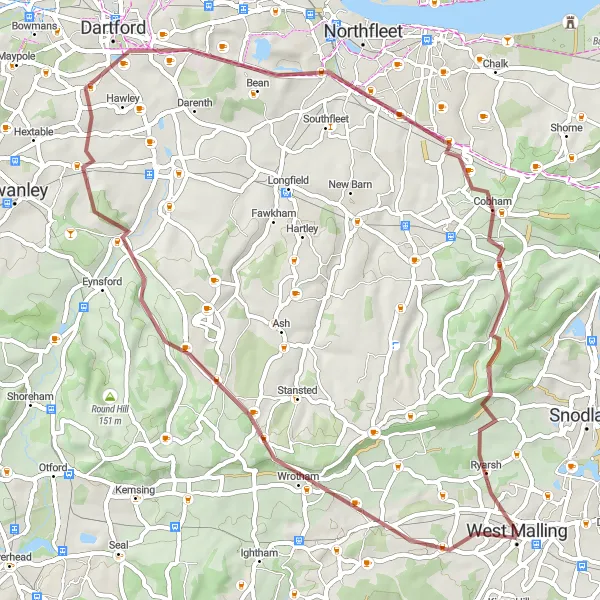 Map miniature of "Wrotham to Ryarsh Gravel Adventure" cycling inspiration in Kent, United Kingdom. Generated by Tarmacs.app cycling route planner