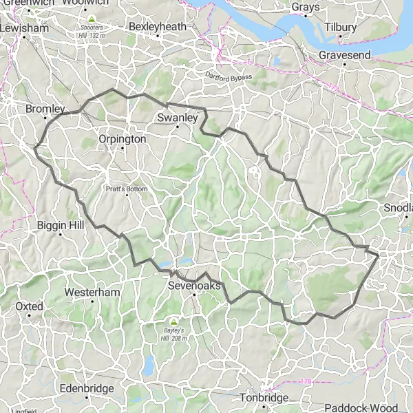 Map miniature of "West Malling Roundabout" cycling inspiration in Kent, United Kingdom. Generated by Tarmacs.app cycling route planner