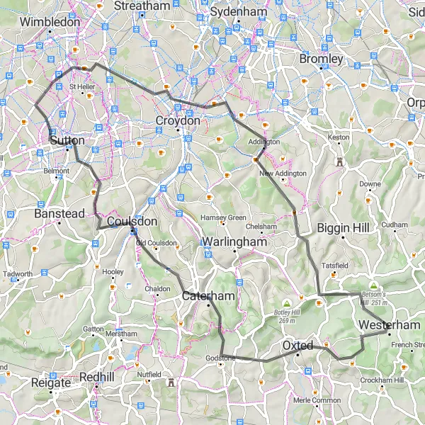 Map miniature of "Godstone and Beyond" cycling inspiration in Kent, United Kingdom. Generated by Tarmacs.app cycling route planner