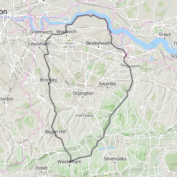 Map miniature of "Road Cycling Adventure to Dartford" cycling inspiration in Kent, United Kingdom. Generated by Tarmacs.app cycling route planner