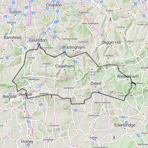 Map miniature of "Road Adventure to Reigate" cycling inspiration in Kent, United Kingdom. Generated by Tarmacs.app cycling route planner