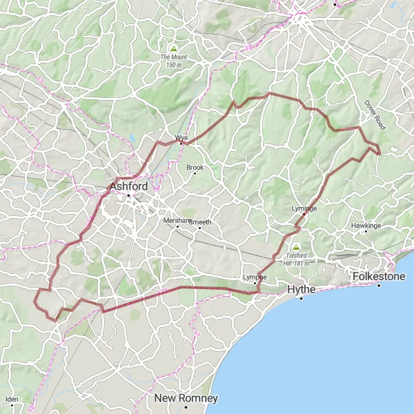Map miniature of "The Elham Adventure" cycling inspiration in Kent, United Kingdom. Generated by Tarmacs.app cycling route planner