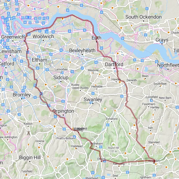 Map miniature of "Kent Gravel Delights" cycling inspiration in Kent, United Kingdom. Generated by Tarmacs.app cycling route planner