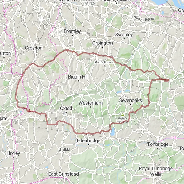 Map miniature of "Gravel Adventure through Kent" cycling inspiration in Kent, United Kingdom. Generated by Tarmacs.app cycling route planner