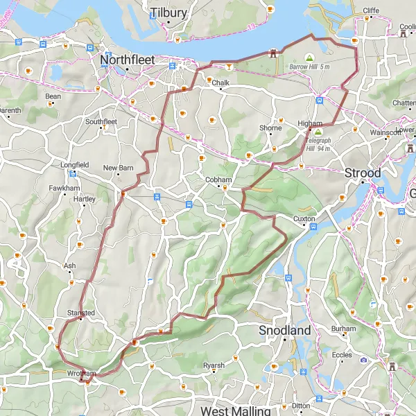 Map miniature of "The Wrotham Gravel Ride" cycling inspiration in Kent, United Kingdom. Generated by Tarmacs.app cycling route planner