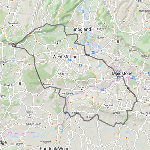 Map miniature of "Wrotham and the Surrounding Villages" cycling inspiration in Kent, United Kingdom. Generated by Tarmacs.app cycling route planner