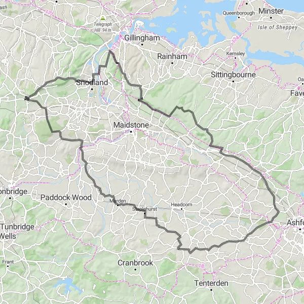 Map miniature of "Kent Countryside Loop" cycling inspiration in Kent, United Kingdom. Generated by Tarmacs.app cycling route planner