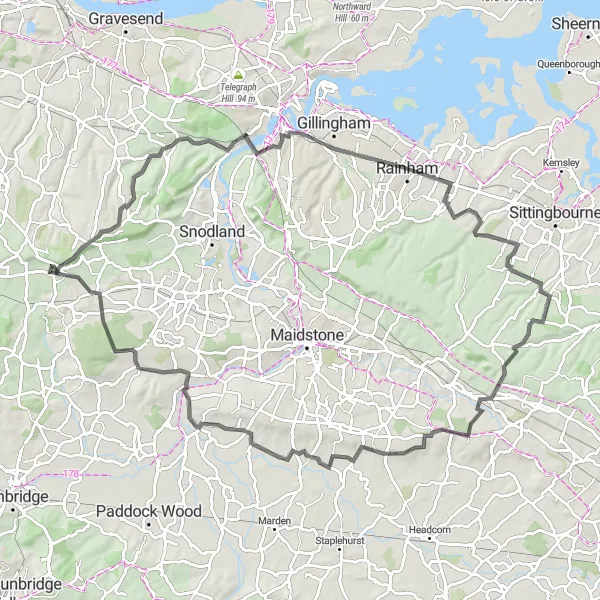 Map miniature of "Kent Countryside Loop" cycling inspiration in Kent, United Kingdom. Generated by Tarmacs.app cycling route planner