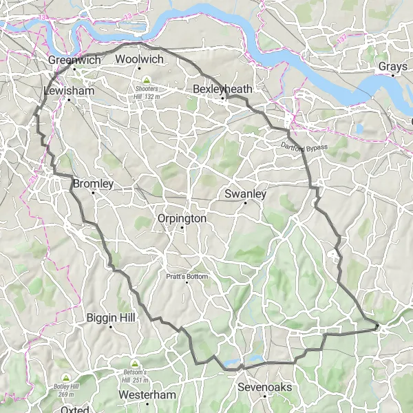 Map miniature of "Wrotham to Dartford Loop" cycling inspiration in Kent, United Kingdom. Generated by Tarmacs.app cycling route planner