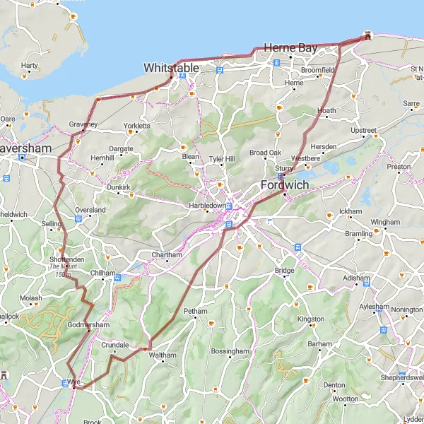 Map miniature of "The Coastal Quest" cycling inspiration in Kent, United Kingdom. Generated by Tarmacs.app cycling route planner