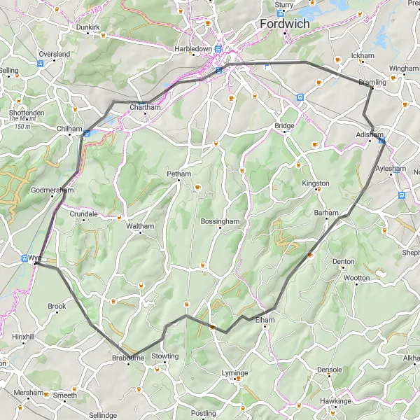 Map miniature of "Canterbury and Beyond" cycling inspiration in Kent, United Kingdom. Generated by Tarmacs.app cycling route planner