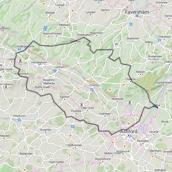 Map miniature of "Ashford and Pluckley Road Cycling Loop" cycling inspiration in Kent, United Kingdom. Generated by Tarmacs.app cycling route planner