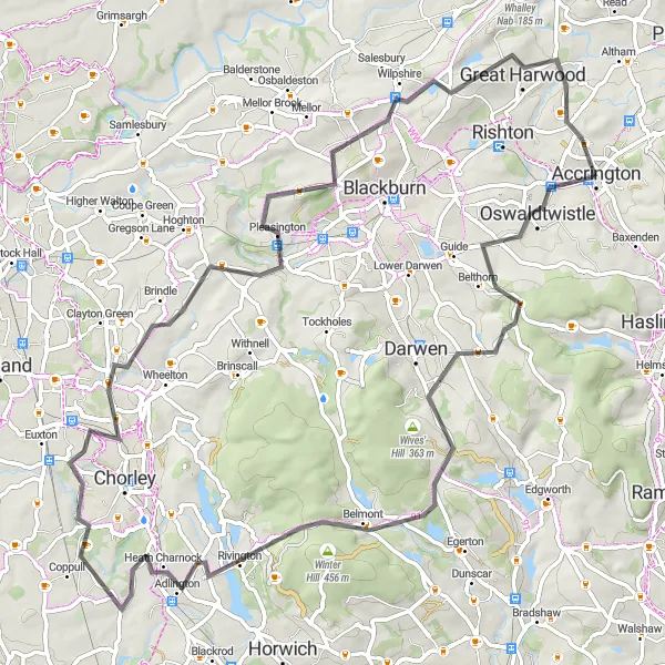 Map miniature of "Road Route: Lancashire Hills and Valleys" cycling inspiration in Lancashire, United Kingdom. Generated by Tarmacs.app cycling route planner