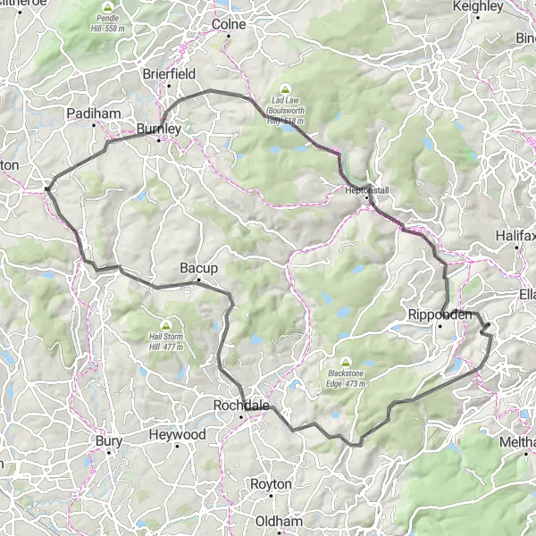 Map miniature of "Lancashire Hills and Valleys" cycling inspiration in Lancashire, United Kingdom. Generated by Tarmacs.app cycling route planner