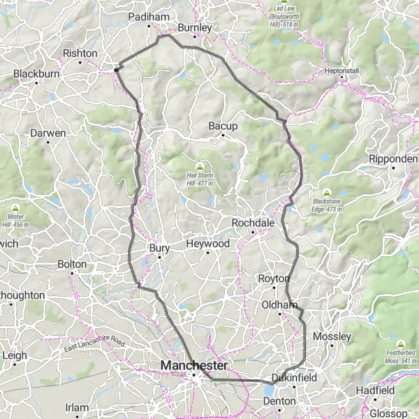 Map miniature of "Exploring the Pennines" cycling inspiration in Lancashire, United Kingdom. Generated by Tarmacs.app cycling route planner