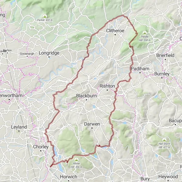 Map miniature of "Lancashire Gravel Escape" cycling inspiration in Lancashire, United Kingdom. Generated by Tarmacs.app cycling route planner
