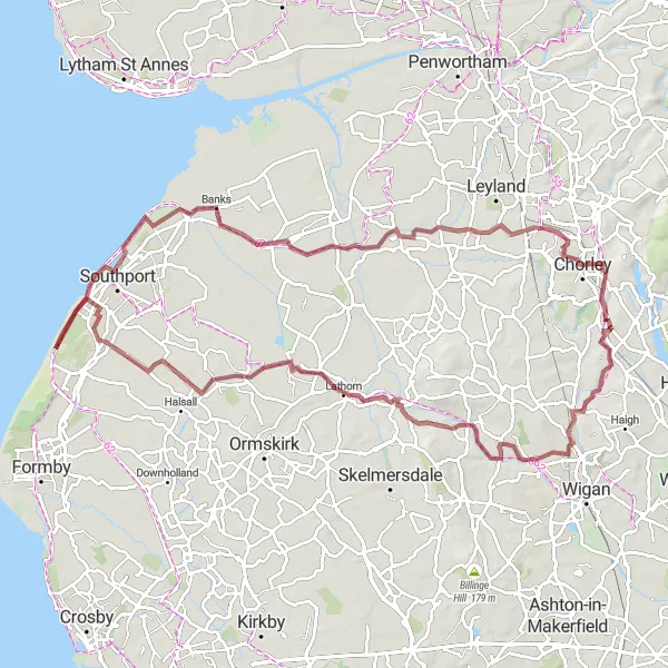 Map miniature of "Merseyside Gravel Adventure" cycling inspiration in Lancashire, United Kingdom. Generated by Tarmacs.app cycling route planner
