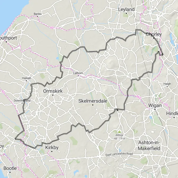 Map miniature of "The Shevington Explorer" cycling inspiration in Lancashire, United Kingdom. Generated by Tarmacs.app cycling route planner