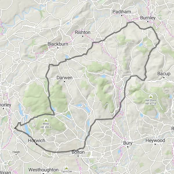 Map miniature of "Rivington Loop" cycling inspiration in Lancashire, United Kingdom. Generated by Tarmacs.app cycling route planner