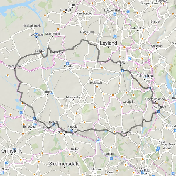 Map miniature of "The Appley Bridge Tour" cycling inspiration in Lancashire, United Kingdom. Generated by Tarmacs.app cycling route planner