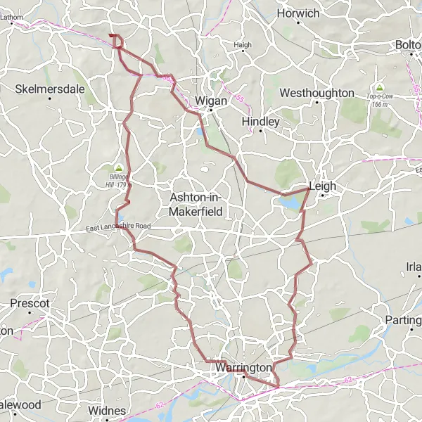 Map miniature of "Warrington Gravel Ride" cycling inspiration in Lancashire, United Kingdom. Generated by Tarmacs.app cycling route planner