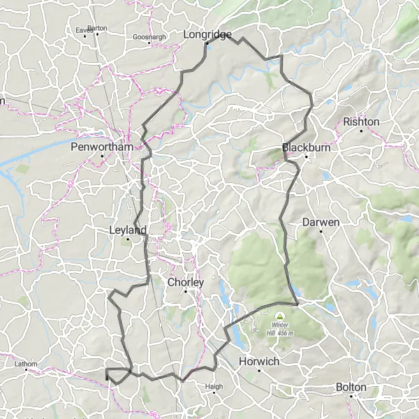 Map miniature of "Hills and Valleys" cycling inspiration in Lancashire, United Kingdom. Generated by Tarmacs.app cycling route planner