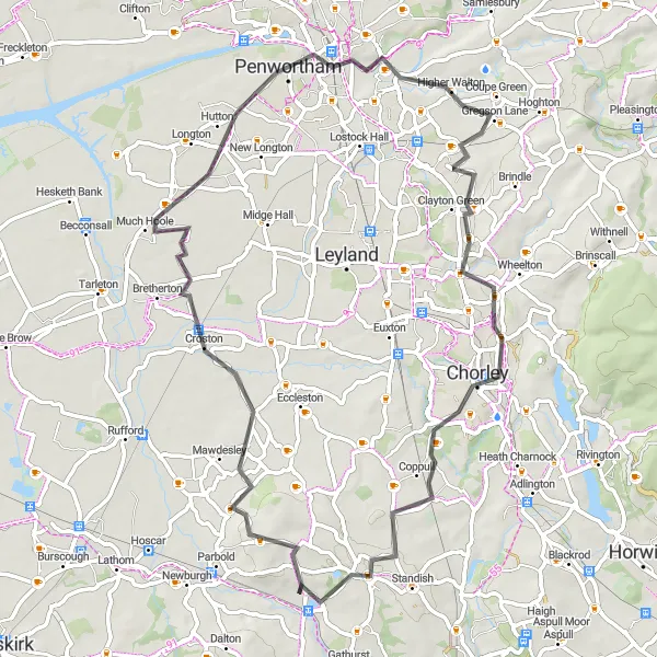 Map miniature of "Chorley Tour" cycling inspiration in Lancashire, United Kingdom. Generated by Tarmacs.app cycling route planner