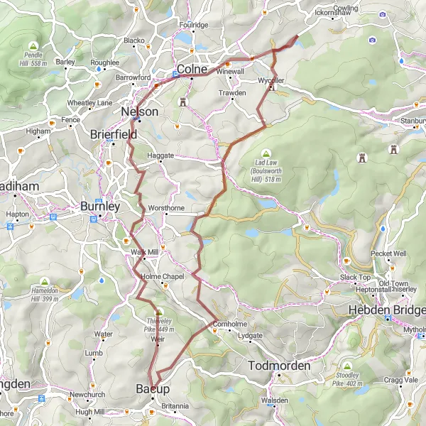 Map miniature of "Gravel Escape" cycling inspiration in Lancashire, United Kingdom. Generated by Tarmacs.app cycling route planner