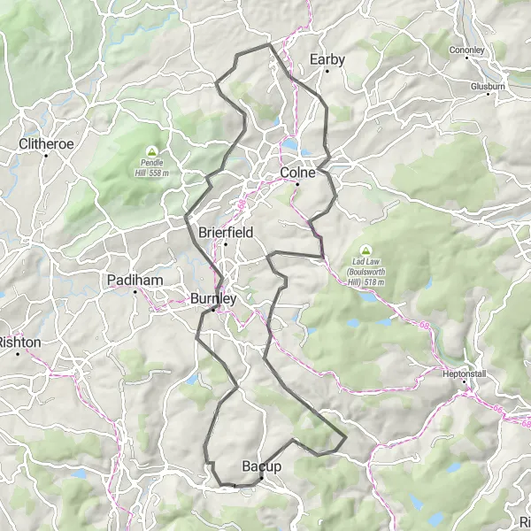 Map miniature of "The Burnley and Beyond Road Cycling Route" cycling inspiration in Lancashire, United Kingdom. Generated by Tarmacs.app cycling route planner