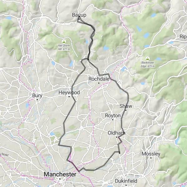 Map miniature of "Rochdale Hilly Adventure Road Cycling Route" cycling inspiration in Lancashire, United Kingdom. Generated by Tarmacs.app cycling route planner