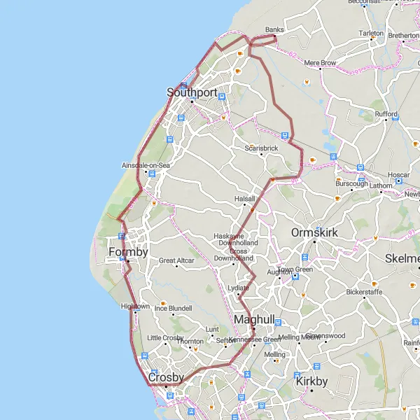 Map miniature of "The Coastal Adventure" cycling inspiration in Lancashire, United Kingdom. Generated by Tarmacs.app cycling route planner