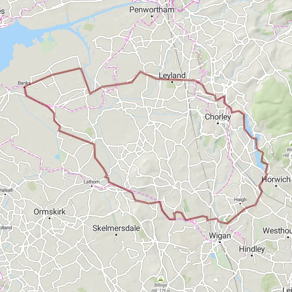 Map miniature of "Tarleton and Leyland Gravel Adventure" cycling inspiration in Lancashire, United Kingdom. Generated by Tarmacs.app cycling route planner
