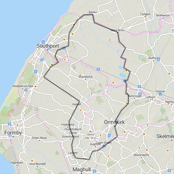 Map miniature of "Holmeswood and Ormskirk Loop" cycling inspiration in Lancashire, United Kingdom. Generated by Tarmacs.app cycling route planner