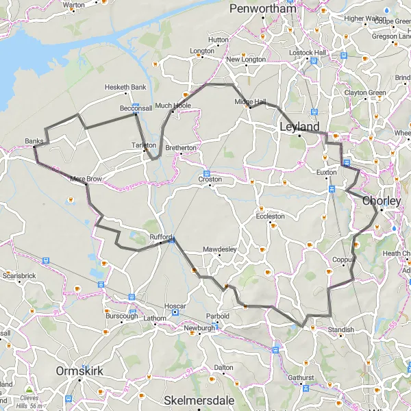 Map miniature of "Tarleton and Leyland Circular" cycling inspiration in Lancashire, United Kingdom. Generated by Tarmacs.app cycling route planner